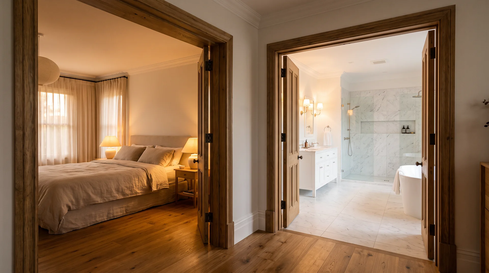 Wide double doorway connecting a warm luxury bedroom to a marble ensuite with aligned oak flooring.
