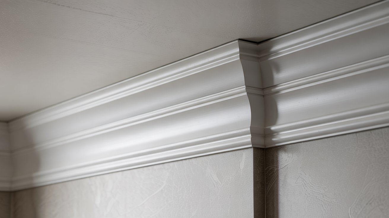 PVC crown molding with smooth glossy finish and simple profile installed along a ceiling edge in a modern interior