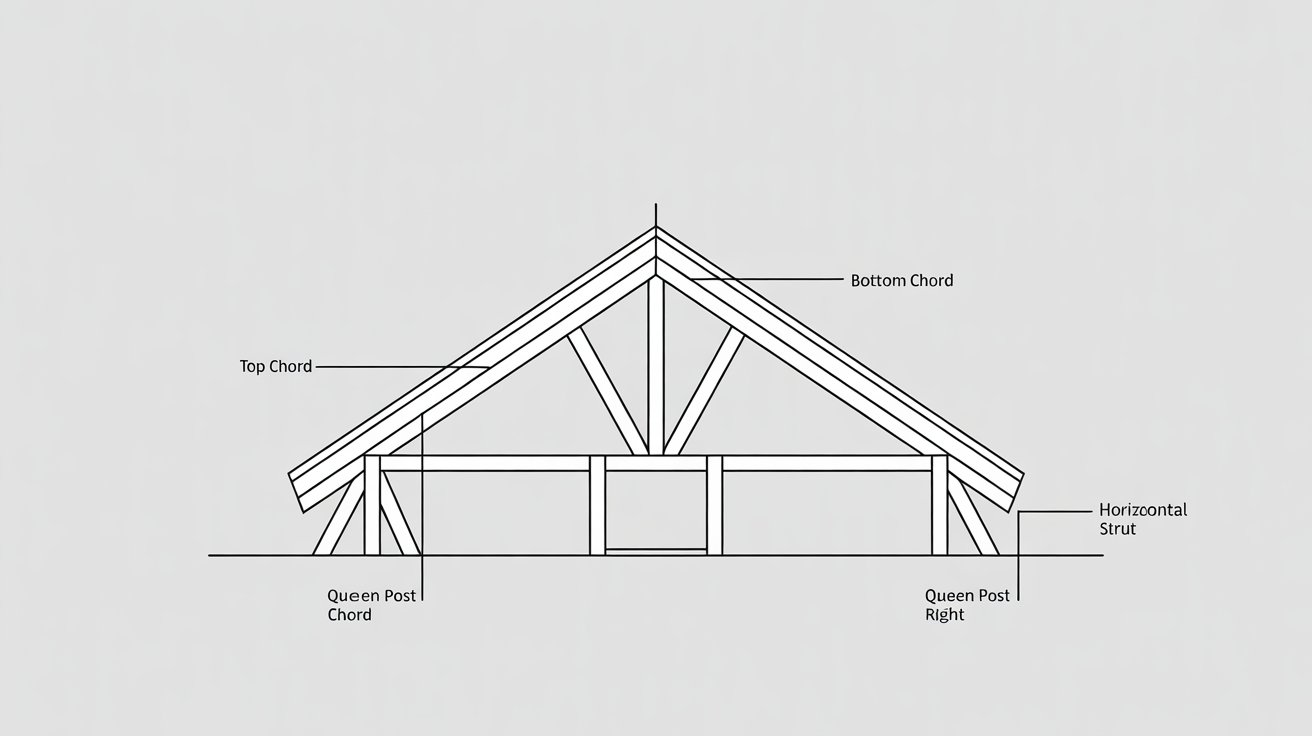 queen post roof truss diagram showing two vertical posts, a horizontal strut, a top chord, and a bottom chord labeled.
