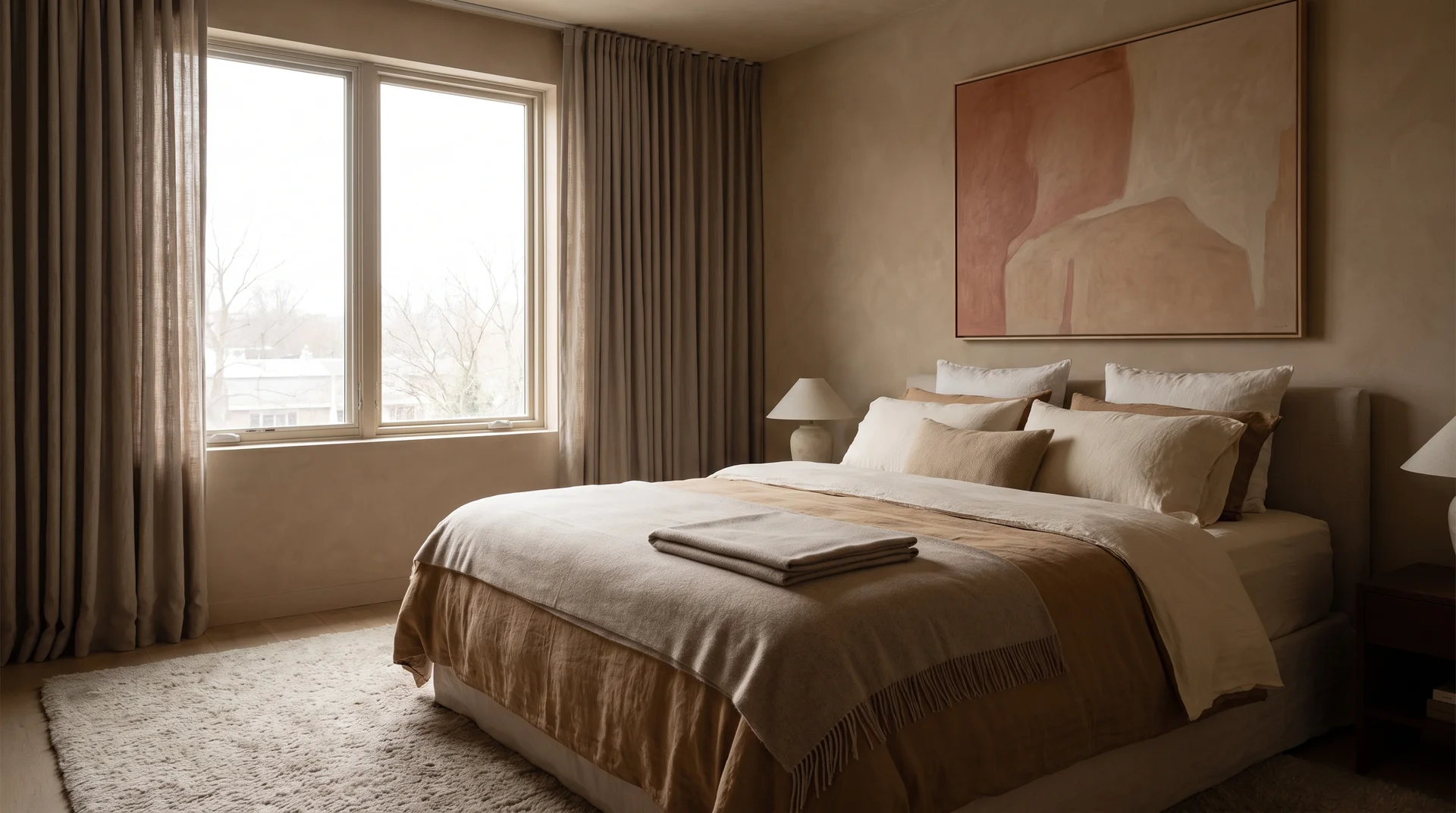 Quiet luxury bedroom in warm oat limewash with layered camel and ivory bedding, cashmere blanket, linen curtains and plush stone wool rug.