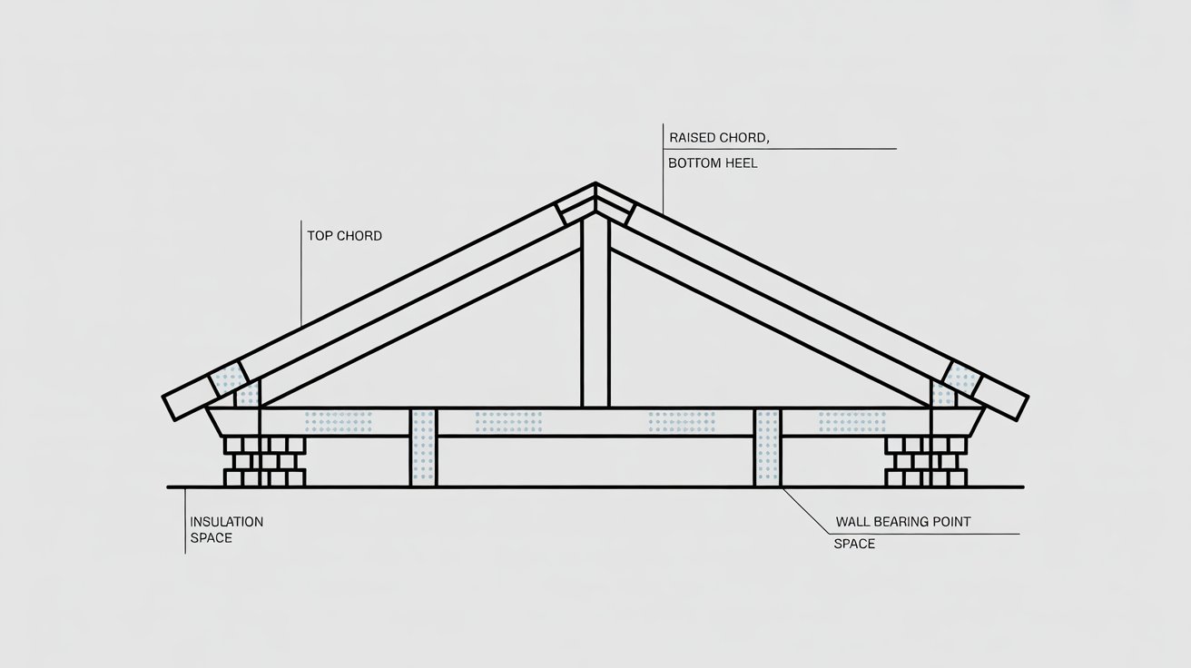 raised heel roof truss diagram showing raised bearing point, insulation space at eaves, top chord,d, and bottom chord labeled.