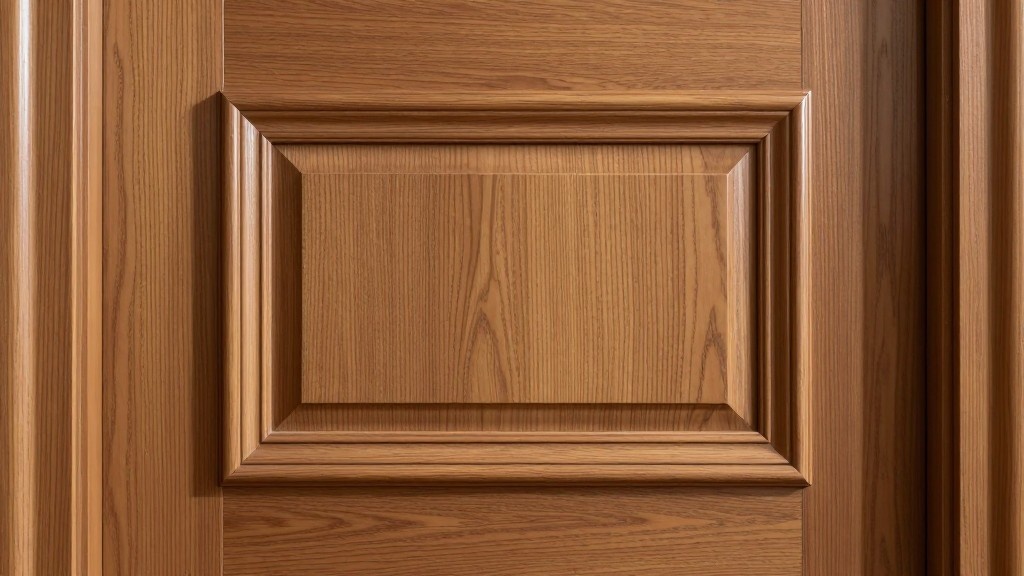 Raised panel wooden door with detailed rectangular molding and rich wood finish