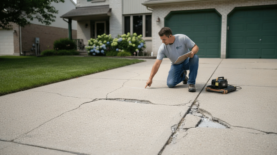 Contractor inspecting concrete driveway damage and repair work in a suburban home setting under natural daylight.