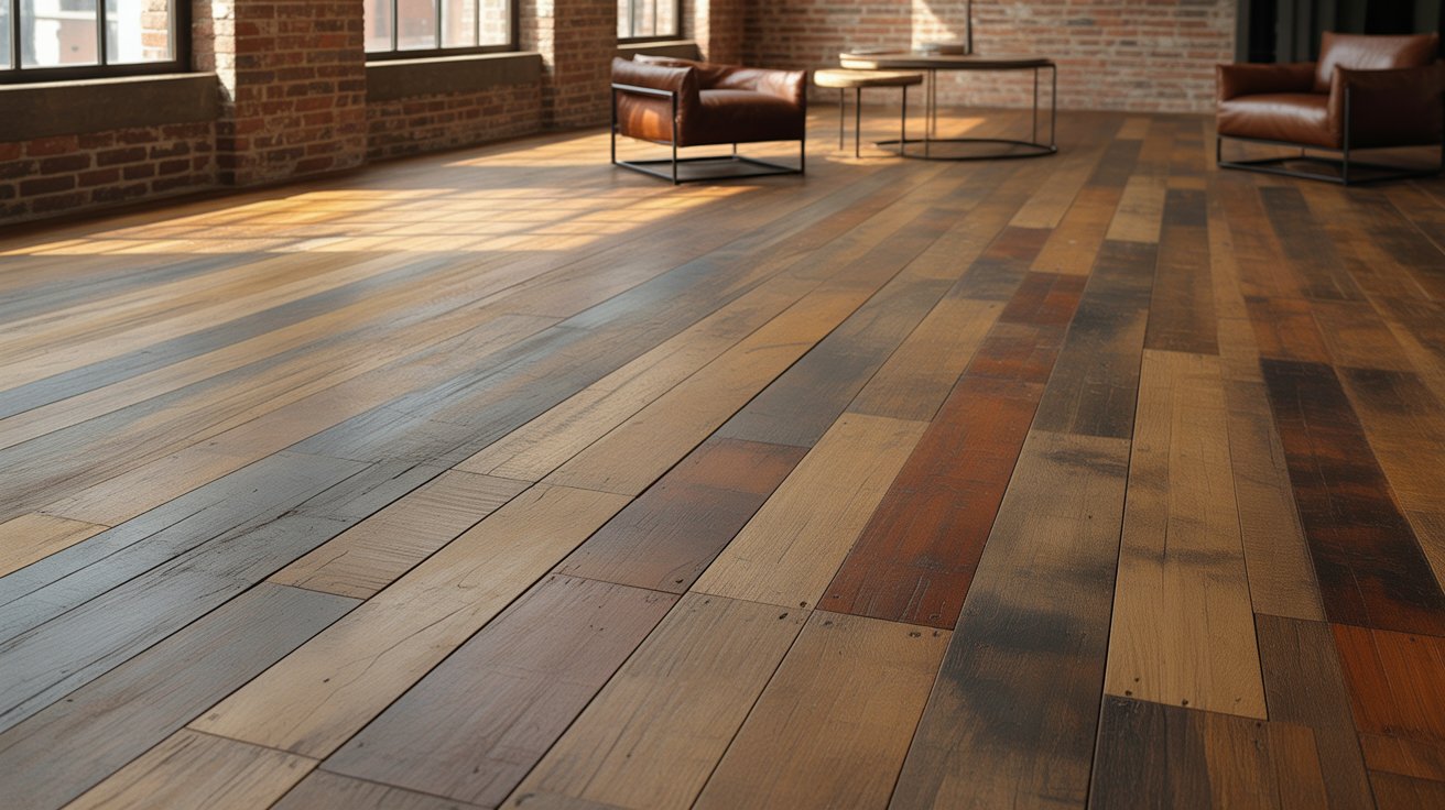 Reclaimed wood flooring with multi-toned weathered planks installed in a rustic room with brick walls and leather chairs.