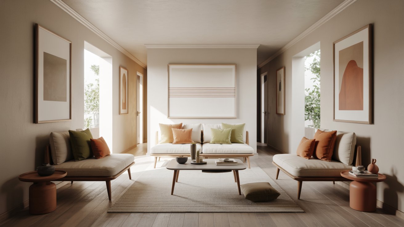 A symmetrical narrow living room with a central beige sofa, two side-facing armchairs, minimalist art, and warm neutral decor.
