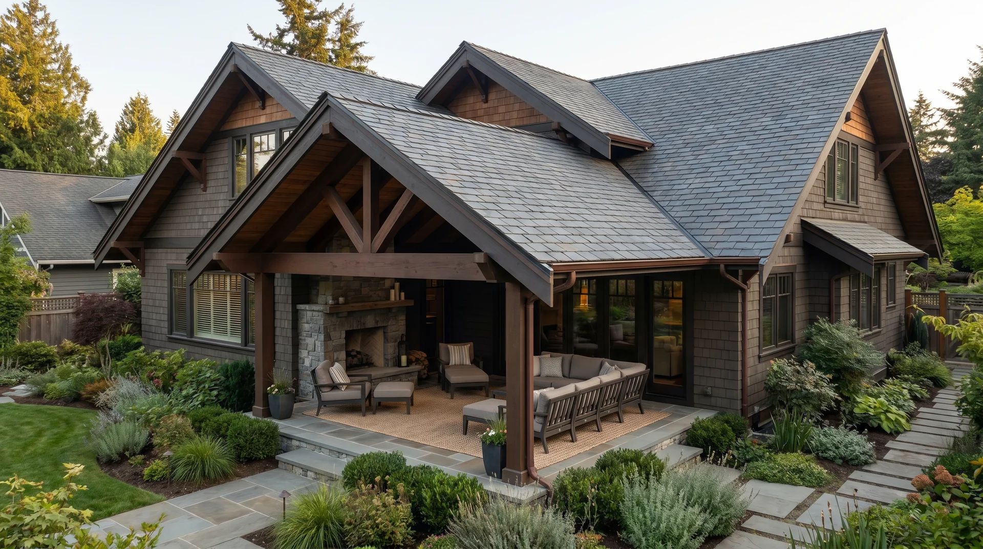 Rear view of a luxury rustic home with matching multi-level dark gabled roof extensions over a patio.
