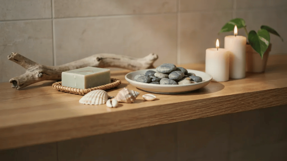 Bathroom shelf with river stones, candles, seashells, soap, and small plant on a wooden shelf, spa-inspired style.