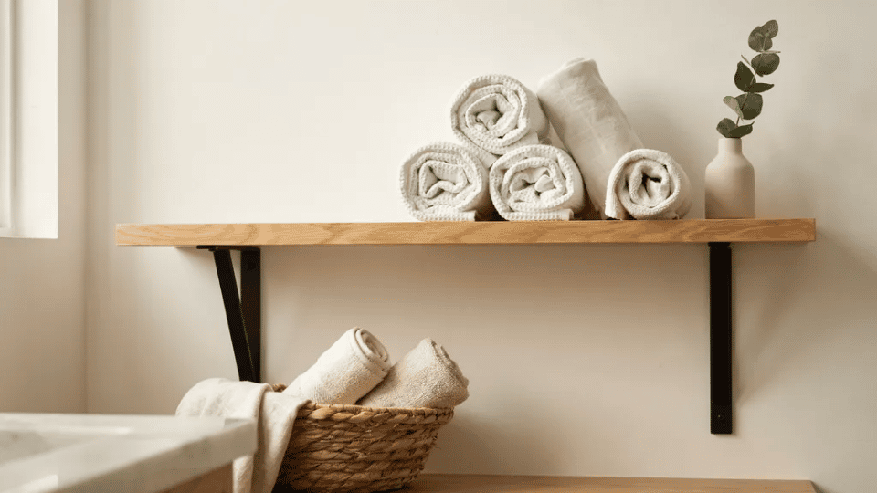 Bathroom shelf with rolled white towels in a basket, small vase with greenery, and minimalist wood shelf.