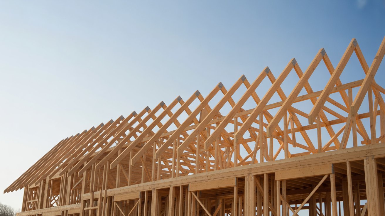 wooden house frame under construction with exposed roof trusses against clear blue sky.