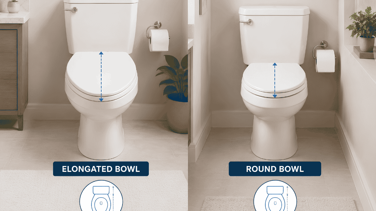 Side-by-side bathroom infographic comparing elongated bowl vs round bowl toilet with height and size indicators.