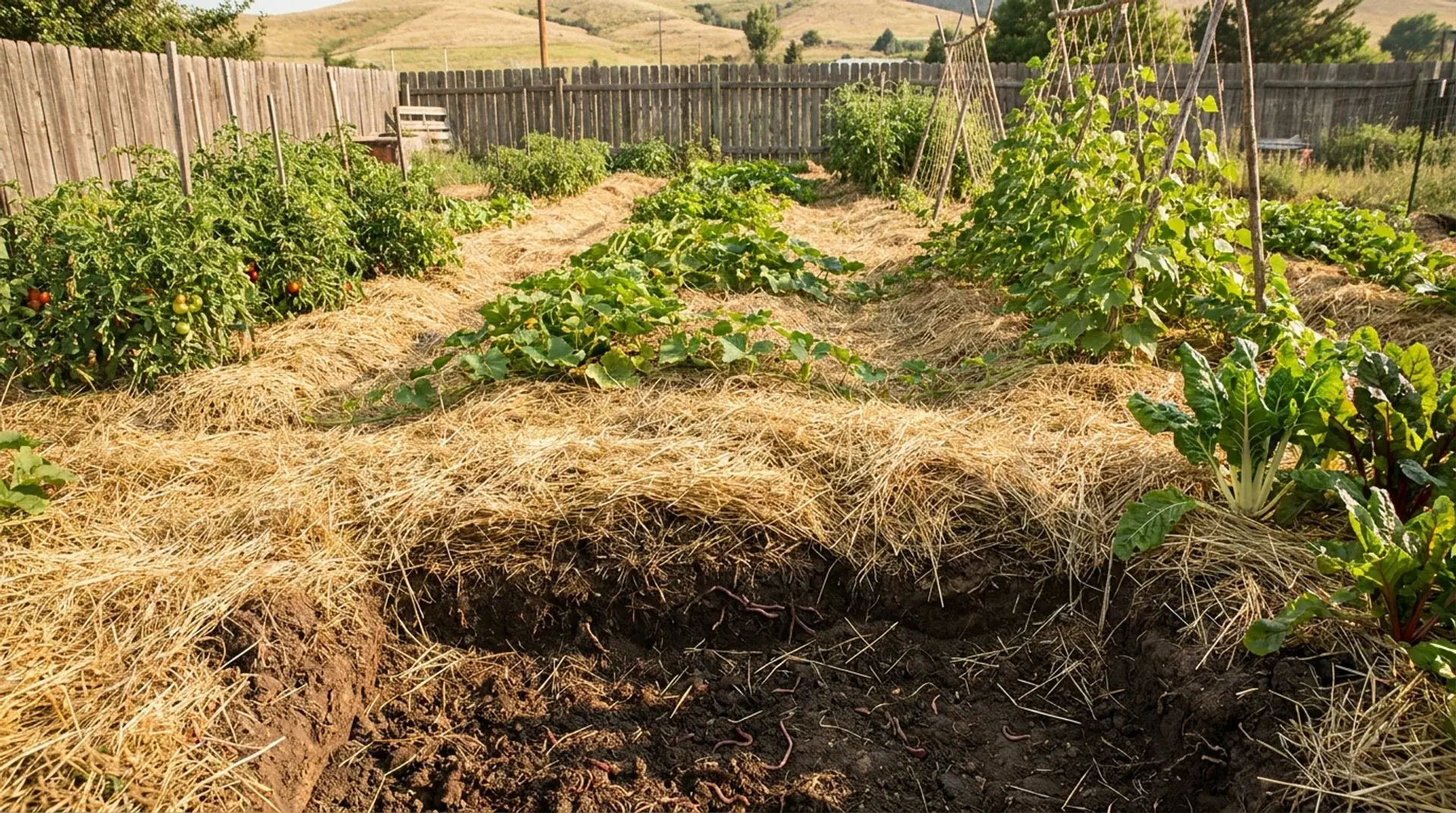 Vegetable garden beds covered with thick hay mulch using the Ruth Stout no-work gardening method.
