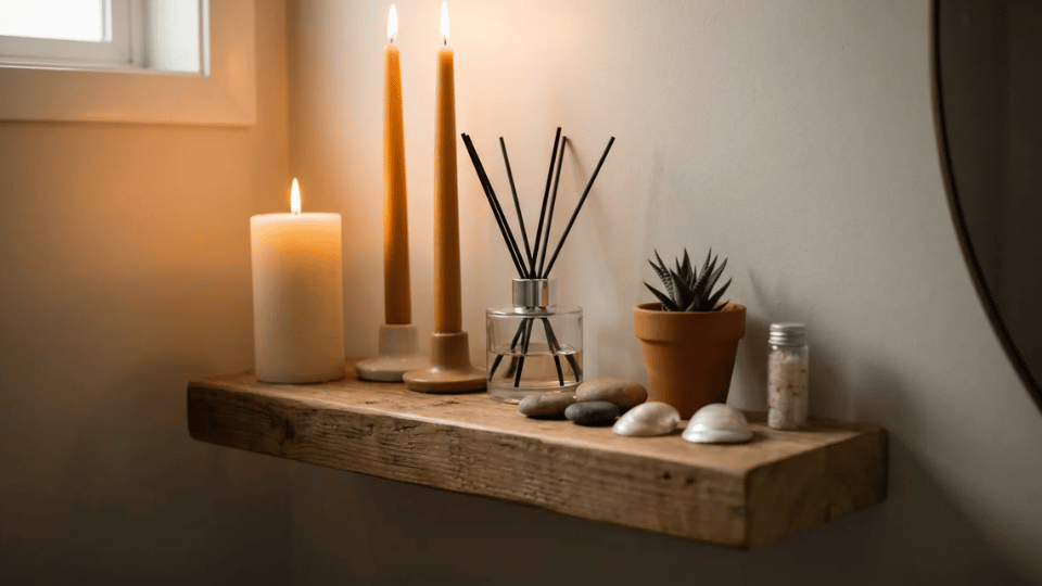 Floating wooden bathroom shelf with candles, reed diffuser, small potted plant, and spa-inspired decor.