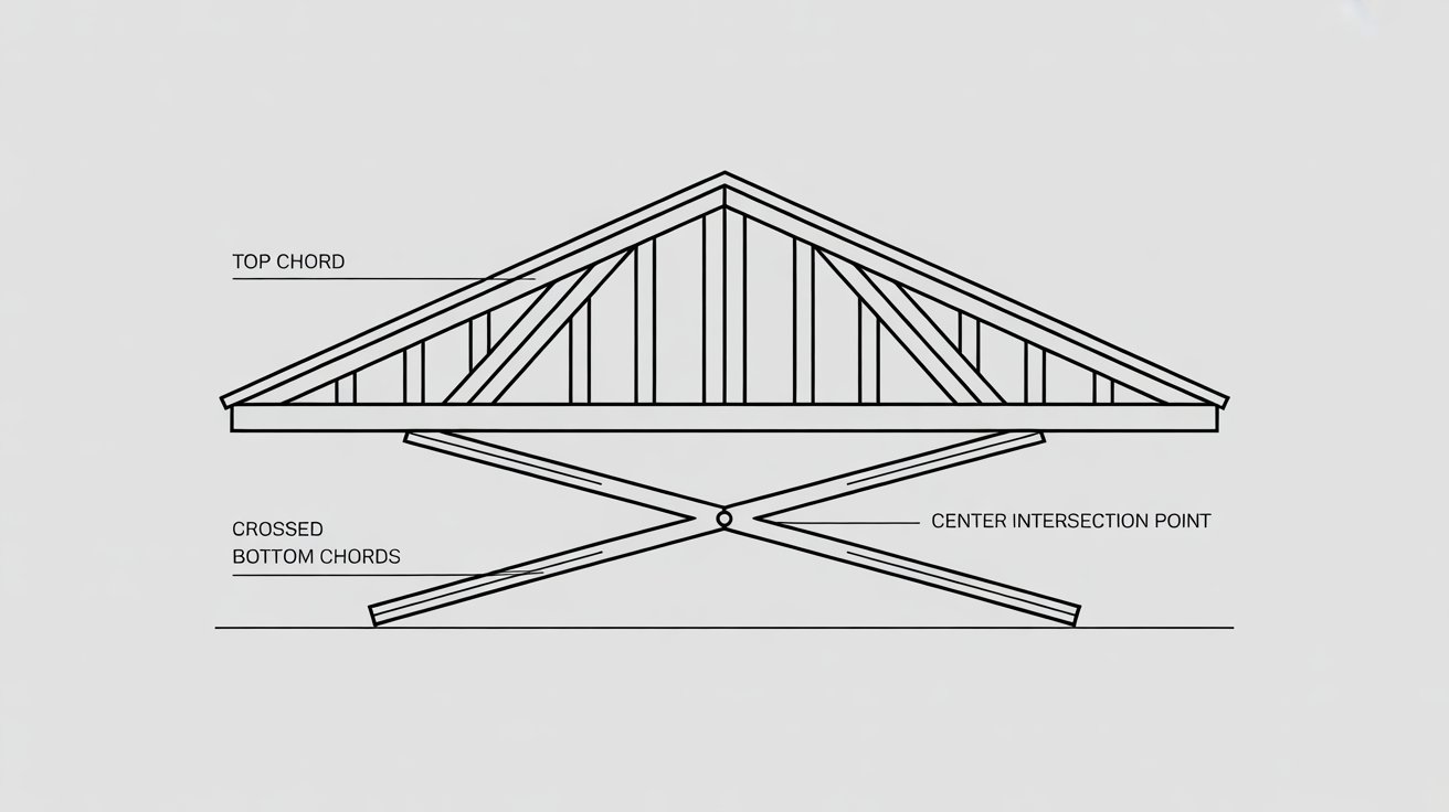 Scissor roof truss diagram showing crossed bottom chords, top chord, and vaulted ceiling effect labeled.