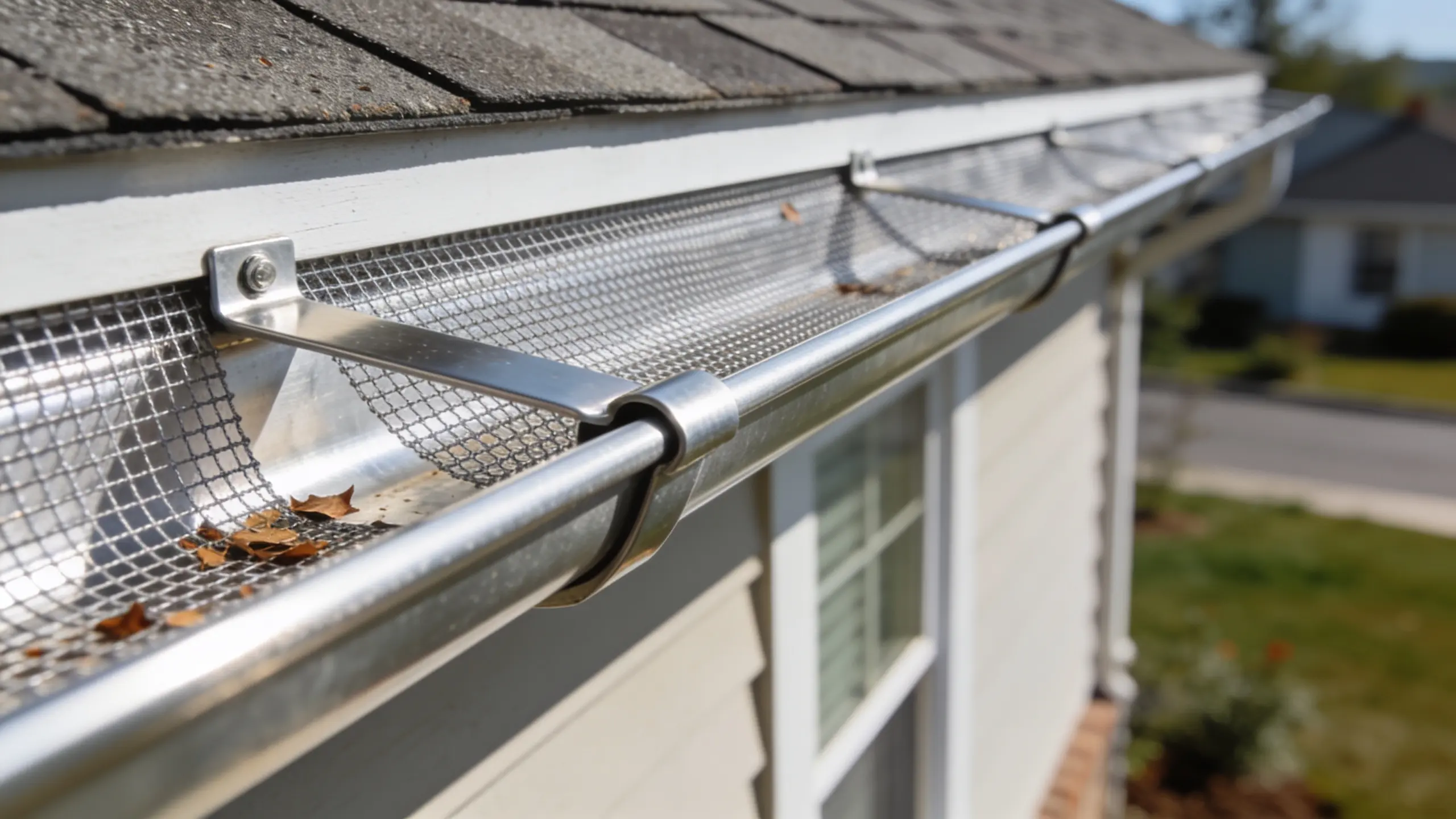 Aluminum mesh gutter guard fitted over a home gutter, filtering leaves and small debris while rainwater flows through.