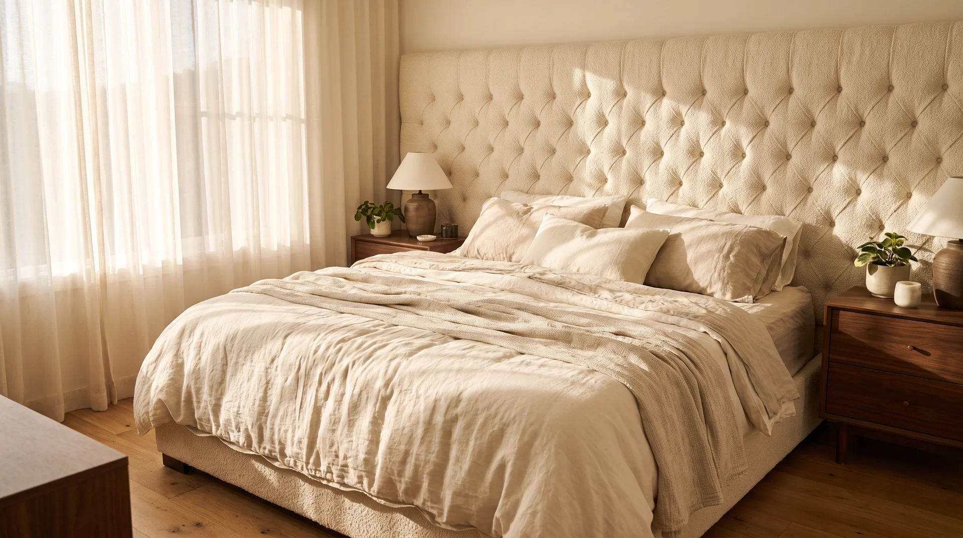 Sculptural travertine bedside table at mattress height with warm lamp and layered luxury bedding.