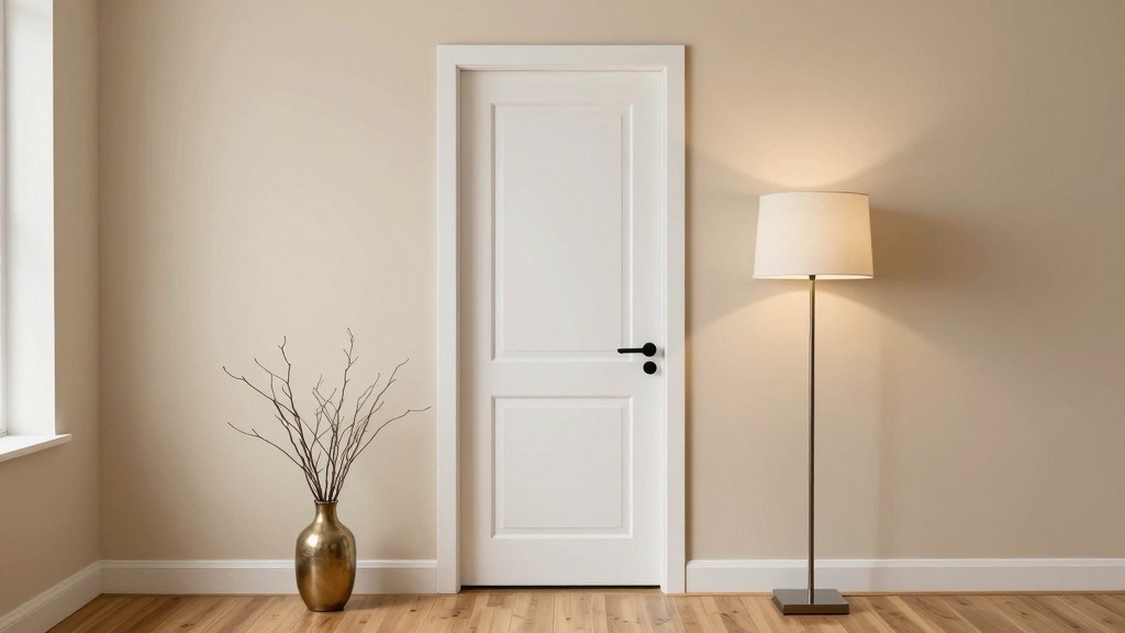 White shaker-style door with clean, simple recessed panels in a minimal interior setting