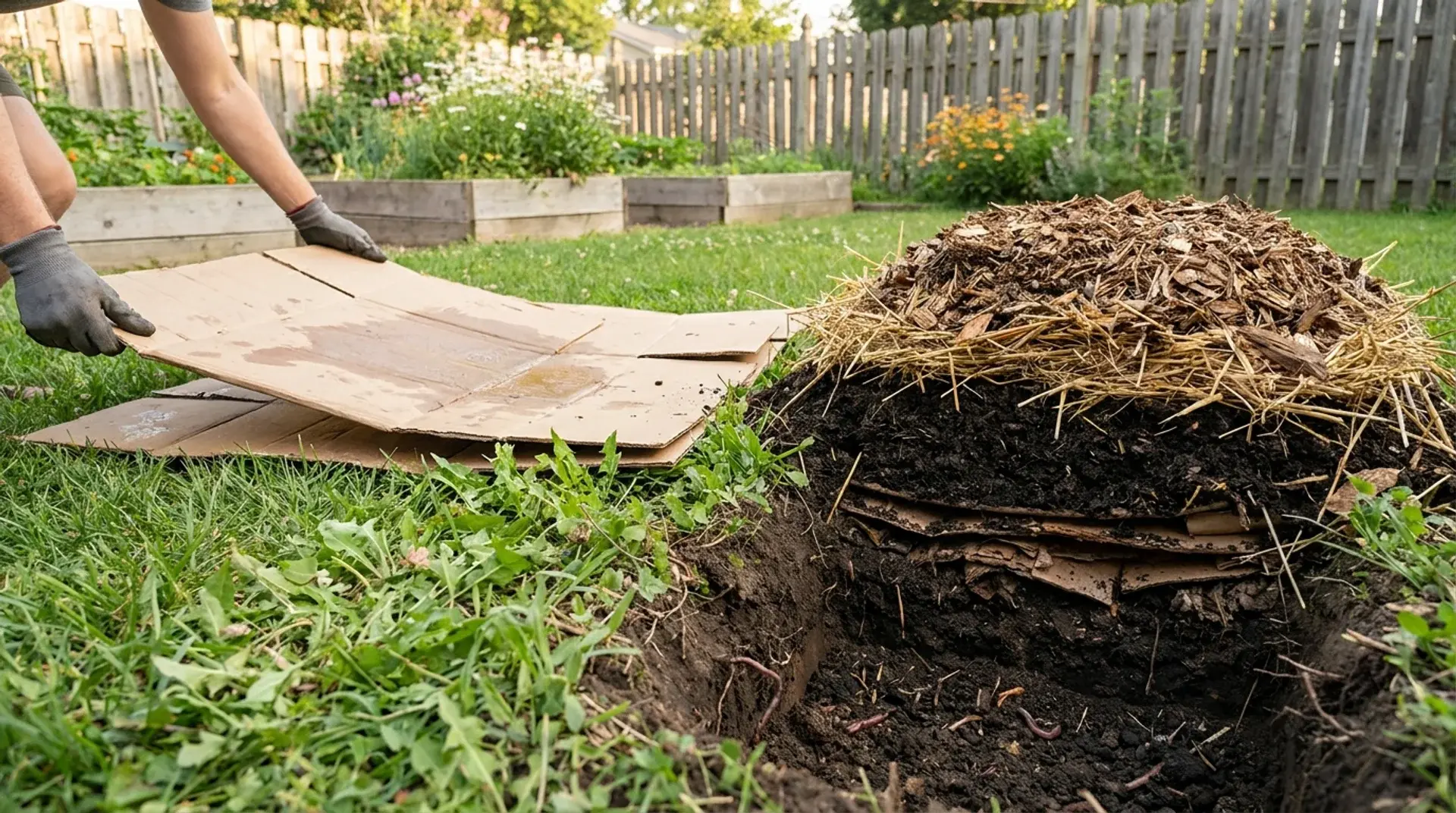 Cardboard layers covered with compost, straw, and wood chips in a no-till sheet mulching garden bed.