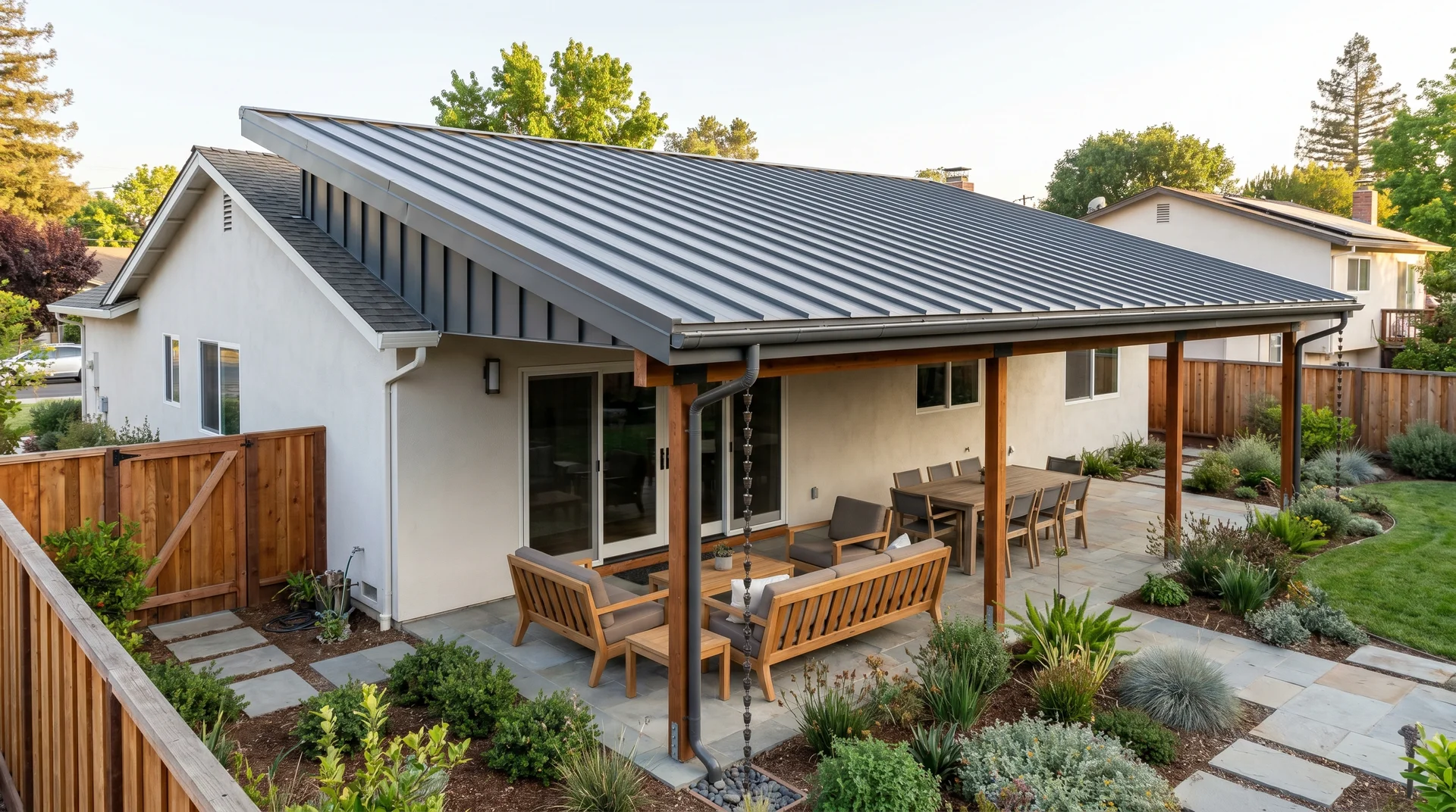 A modern dark gray skillion roof extension slanting down over a wooden patio with outdoor seating.