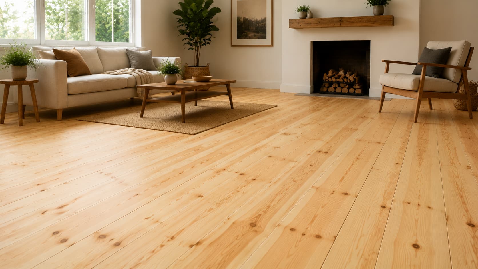 Light-toned softwood flooring planks installed in a cozy living room with a fireplace, white couch, and armchairs.