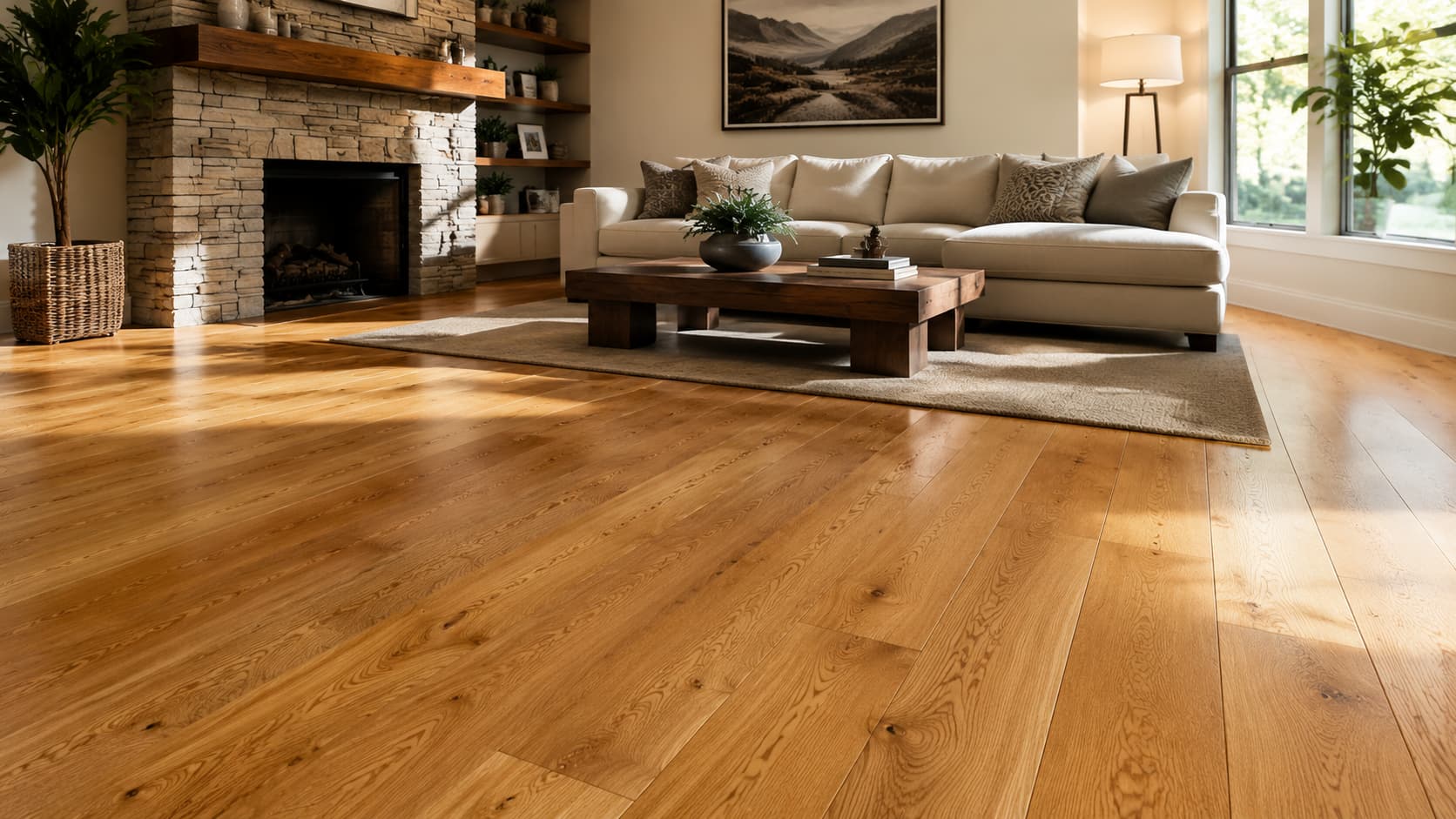 Light brown solid hardwood flooring planks installed in a modern living room featuring a couch and fireplace.