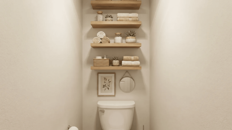 Narrow bathroom with over-the-toilet floating shelves holding towels, jars, candles, and small decorative accents.