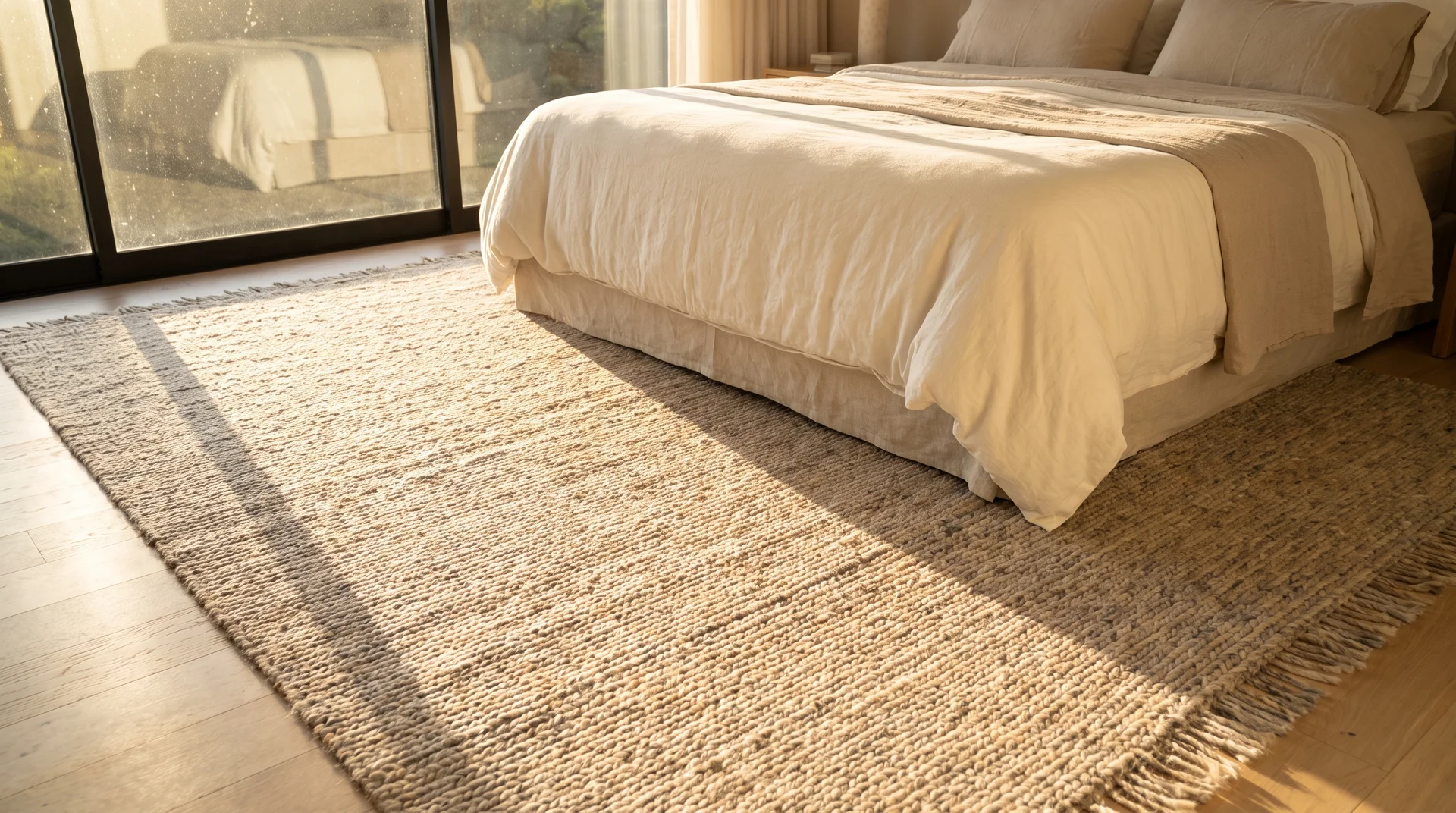 Hand-knotted wool rug extending beyond a king bed in warm oat tones in soft morning bedroom light.