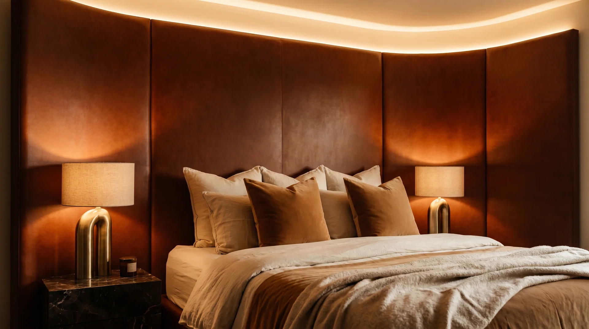 Grand floor-to-ceiling cognac leather headboard spanning full wall behind king bed with warm amber lamp glow and ivory caramel bedding.