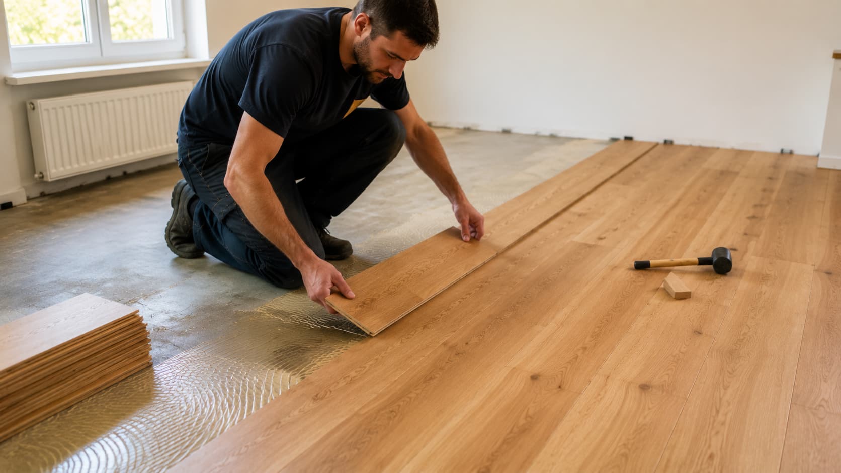 Professional installer kneeling on a mat to lay down wood flooring planks in a bright room during a home renovation.