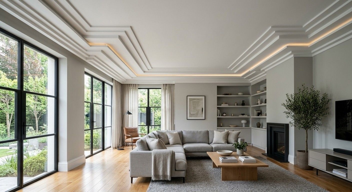 Step crown molding design with layered rectangular profiles and recessed lighting in a contemporary living room