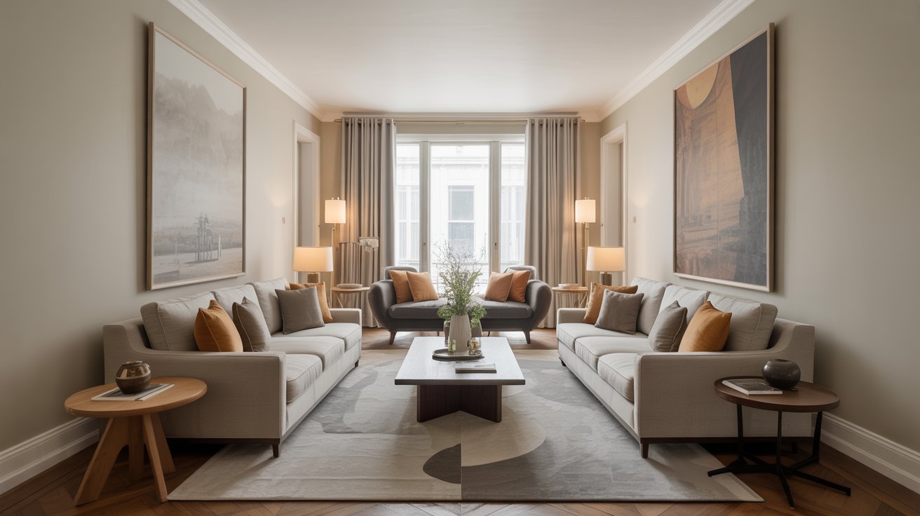 Two identical beige sofas facing each other in a narrow living room, with a central coffee table and large matching wall art.