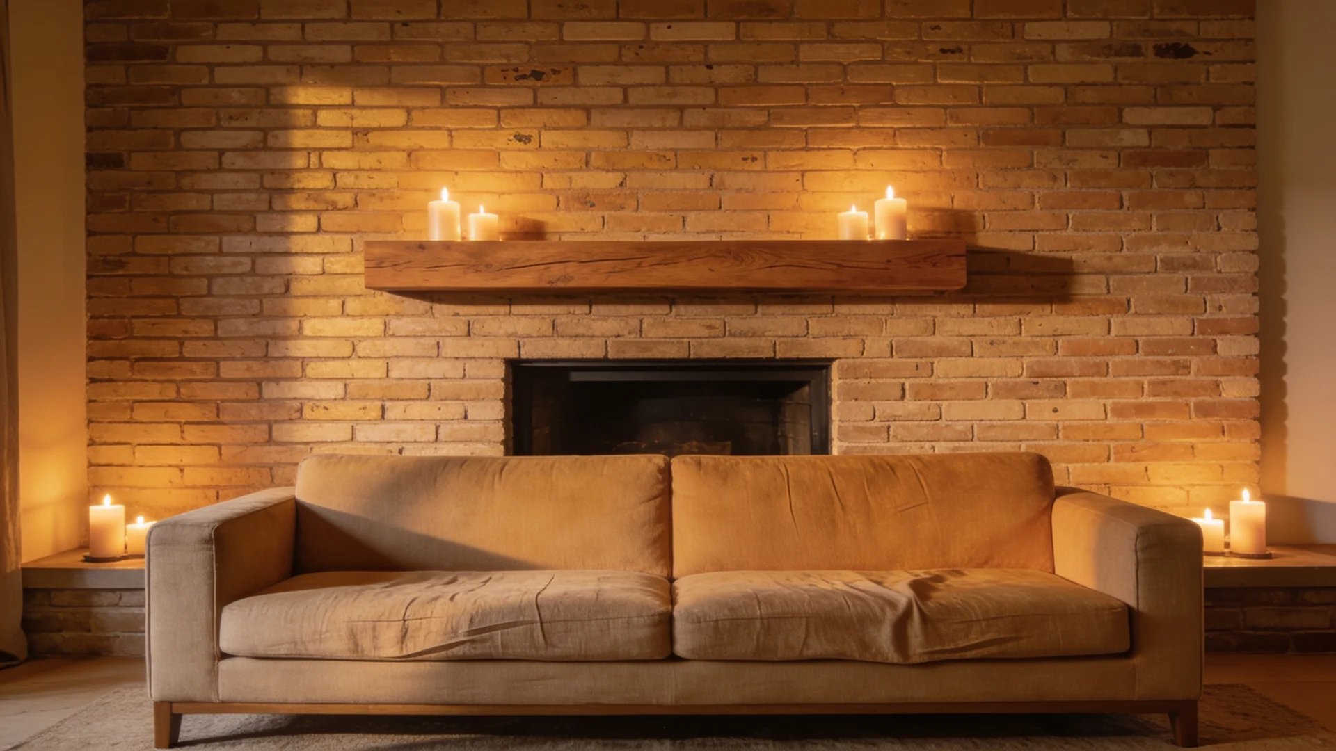 Floor-to-ceiling thin brick veneer fireplace wall in a warm candlelit living room.