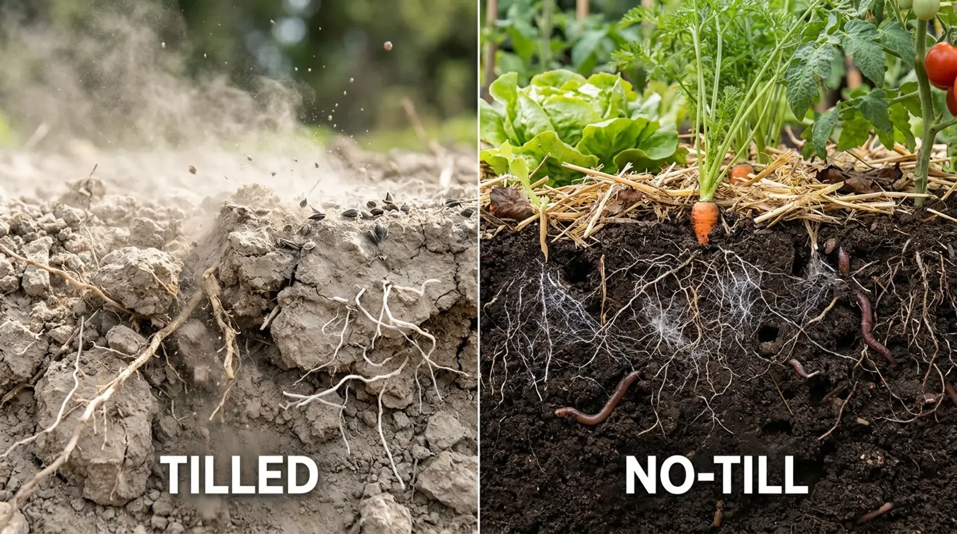 Split view showing damaged tilled soil and healthy no-till soil with fungal networks and organic matter.