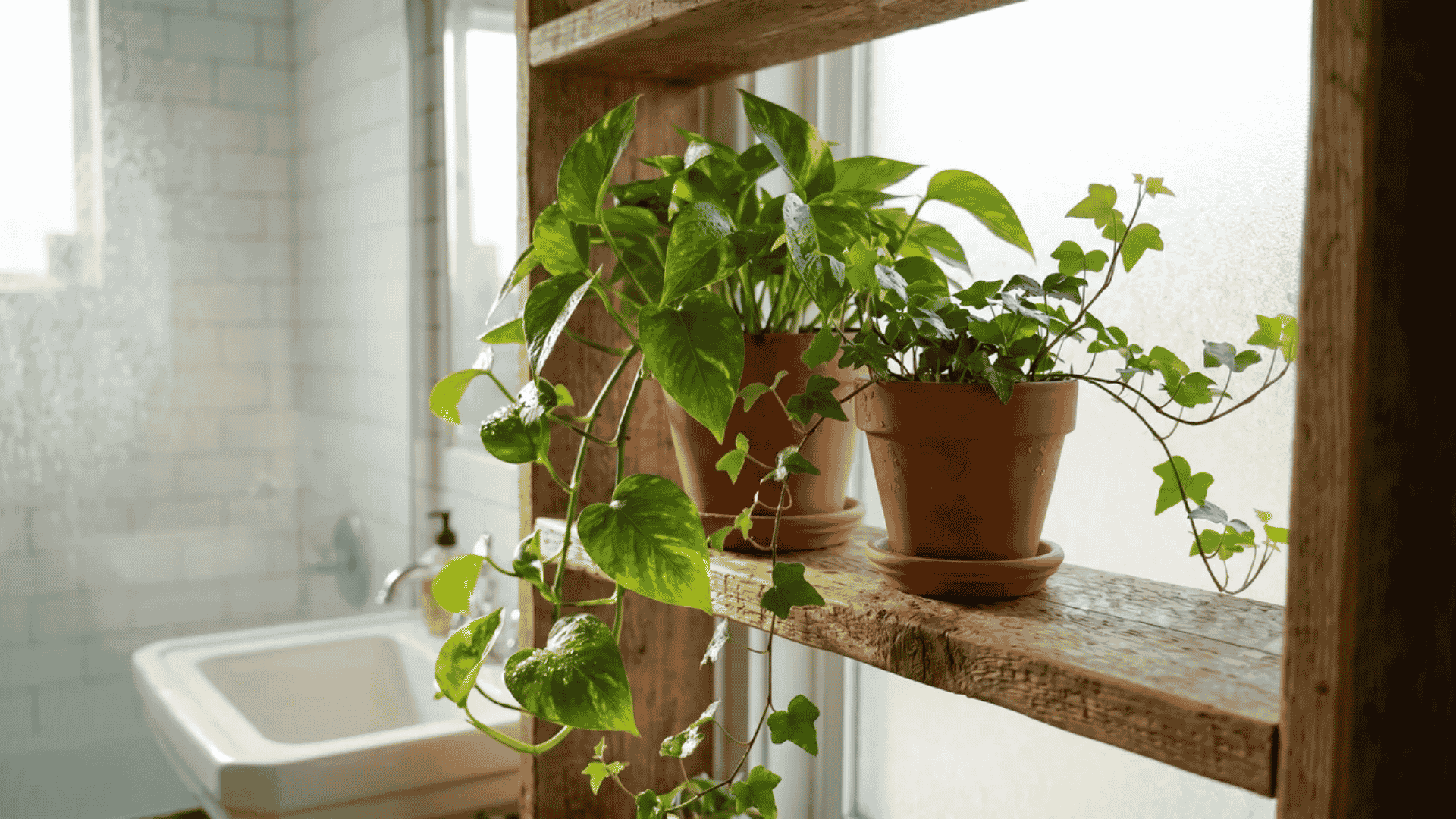 Small bathroom shelf with potted trailing plants on a wooden shelf, bright natural light, spa-like feel.