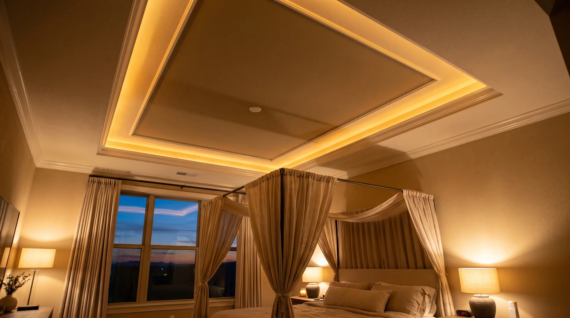 Tray ceiling with warm LED cove lighting above a linen canopy bed in a luxury bedroom at evening.