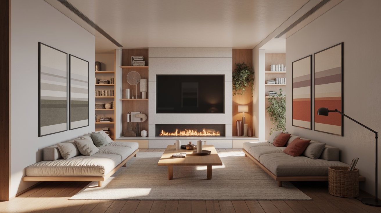 A balanced living room with low-profile beige sofas facing a central wall containing a mounted TV and modern linear fireplace.