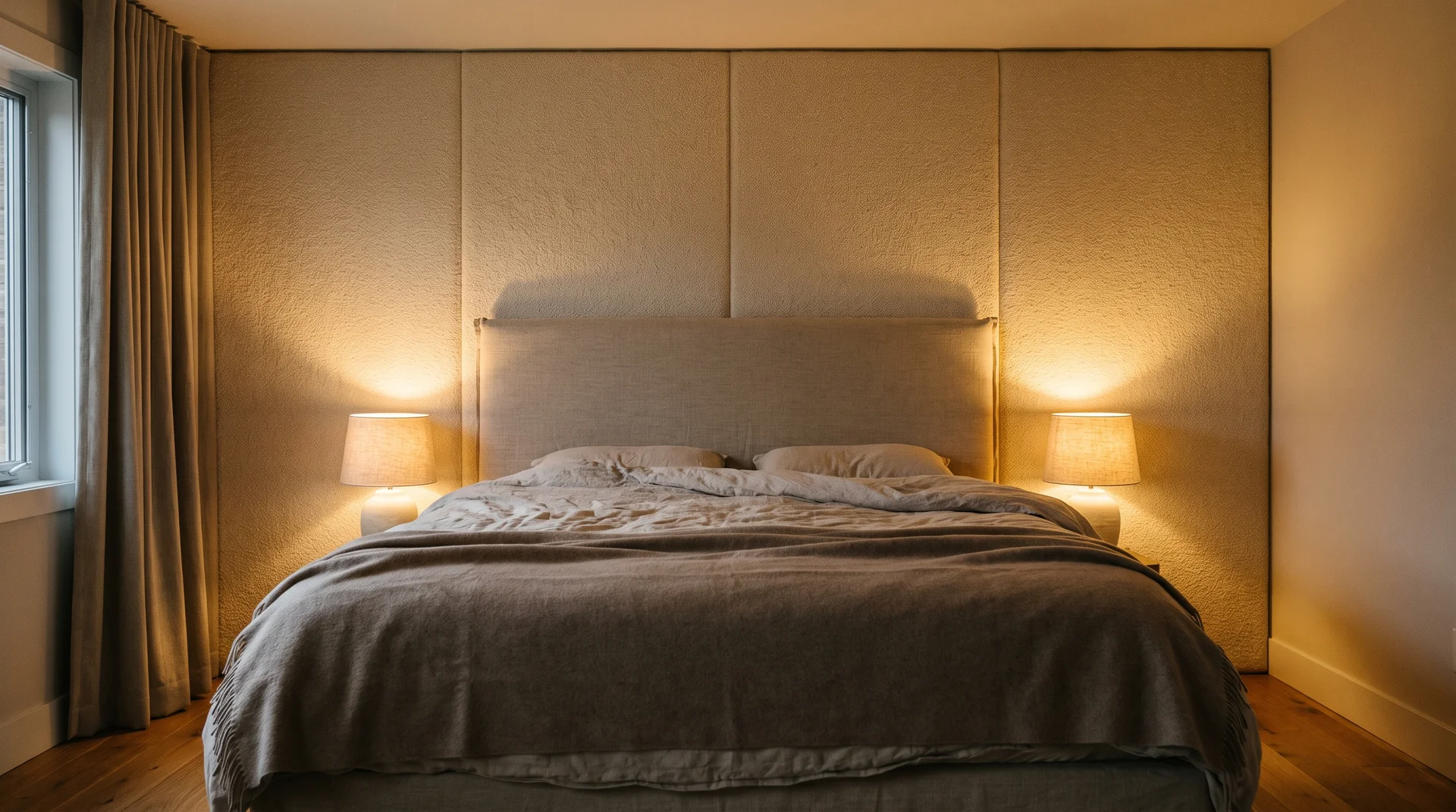 Bouclé fabric wall panels floor to ceiling behind a king bed in warm cream tones and soft lamp light.