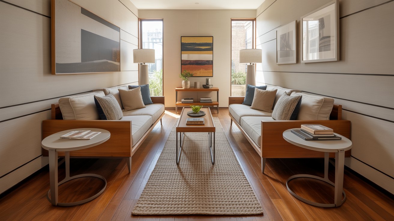 An extremely narrow living room with two modern wood-frame sofas facing each other over a long, thin coffee table.