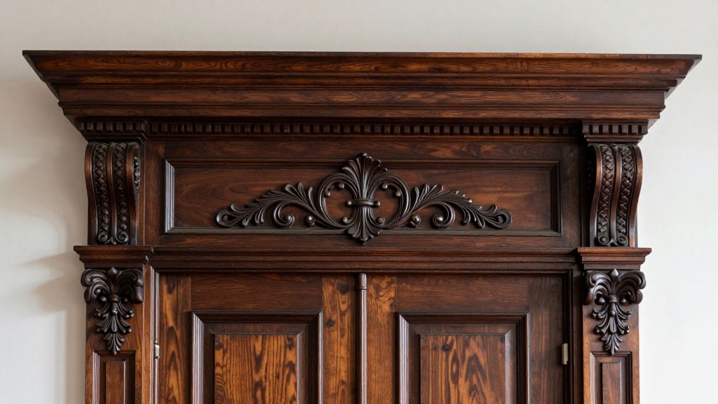 Victorian-style wooden door casing with dark finish, ornate carvings, and decorative columns