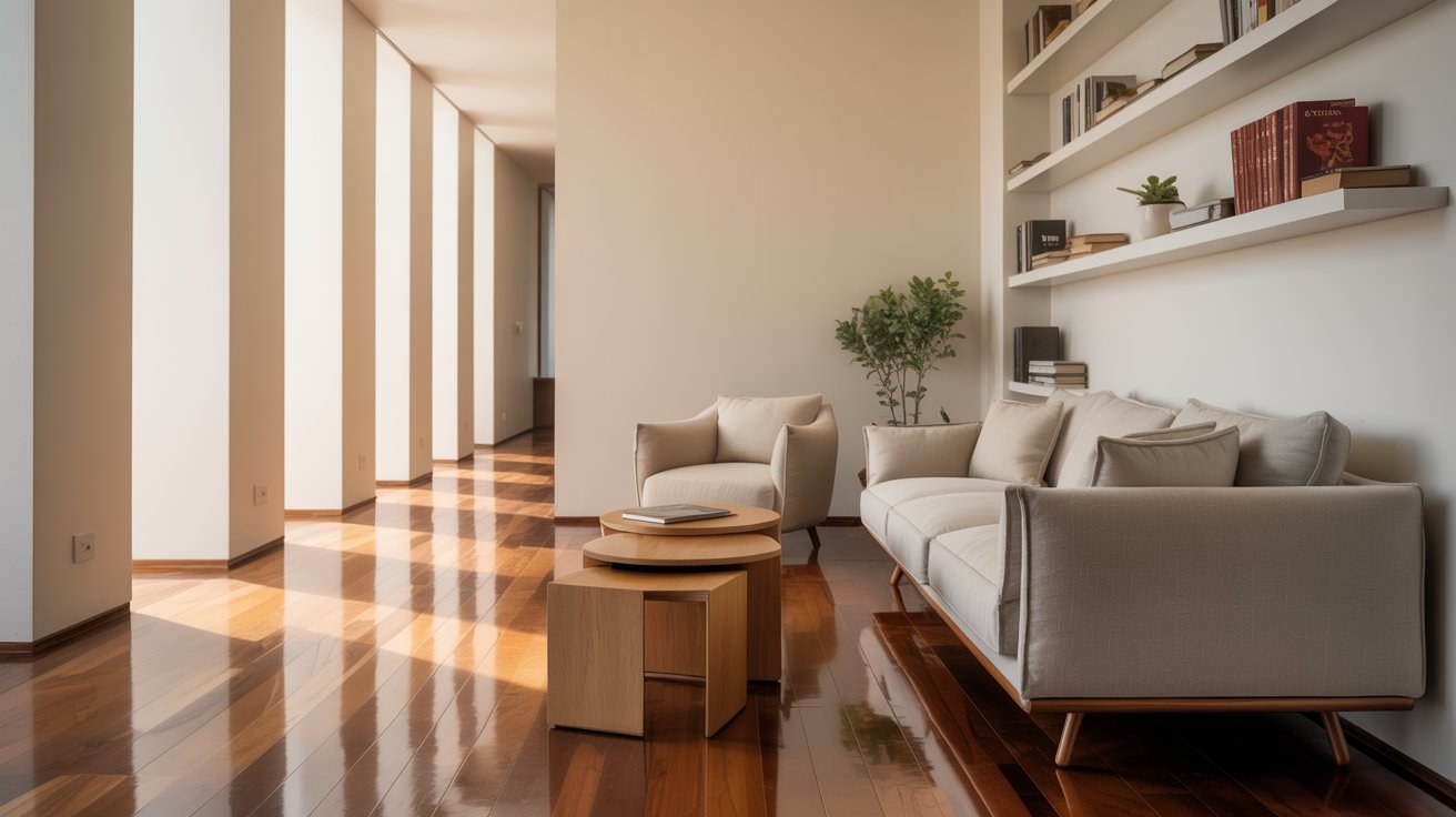 A narrow living room with a white sofa and two armchairs on one side, leaving a wide polished wood walkway completely clear.