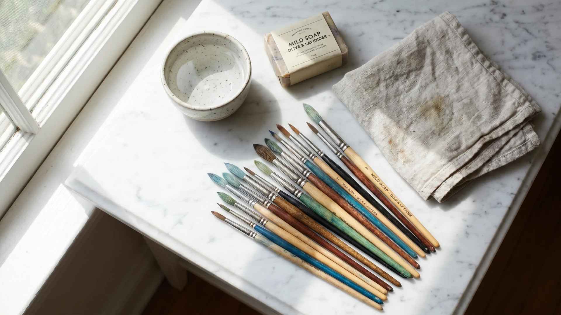 Watercolor brushes, soap, cloth, and water bowl arranged on a marble tabletop near a window.
