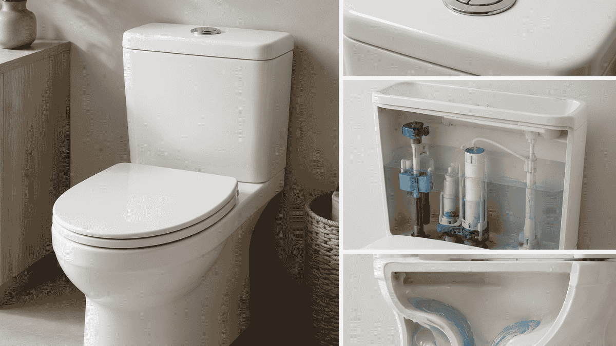 Modern bathroom showing a dual-flush toilet with visible tank mechanism and internal water flow, neutral decor.