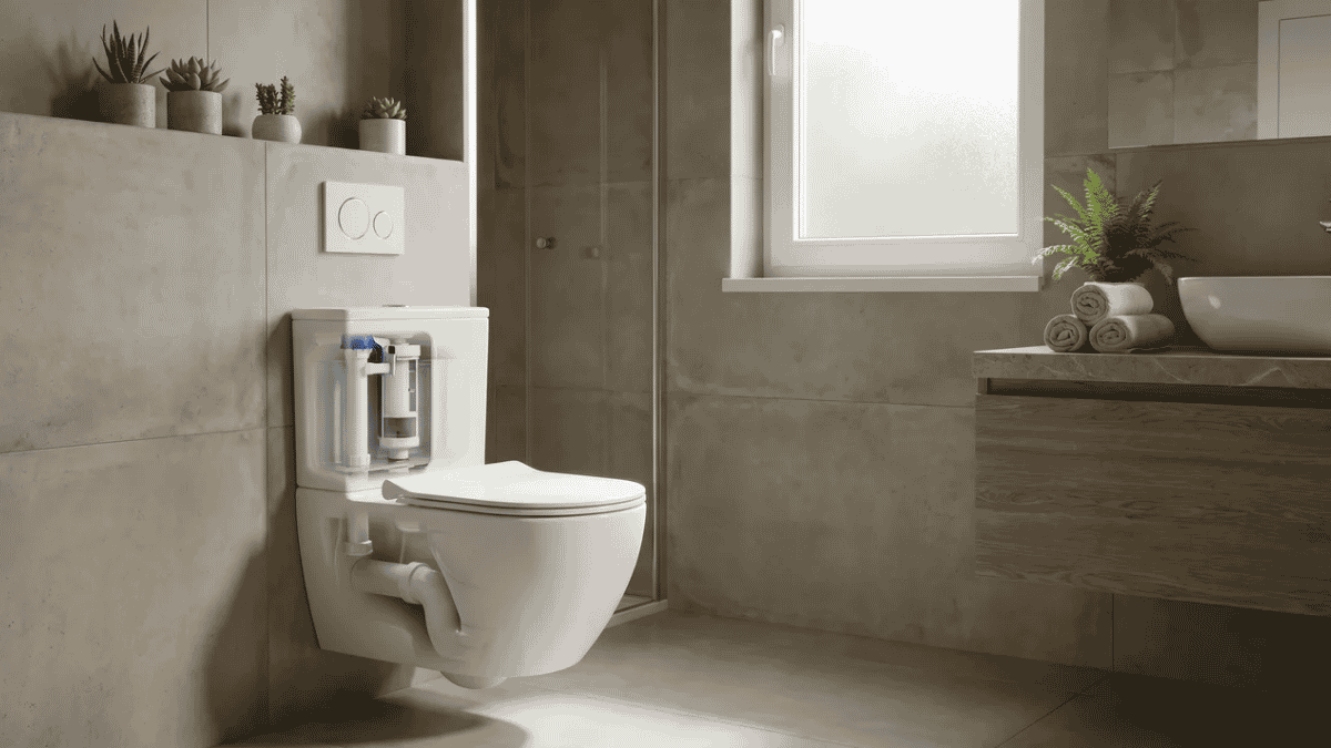 Modern bathroom with wall-mounted dual-flush toilet, visible tank mechanism, neutral tones, and spa-inspired decor.