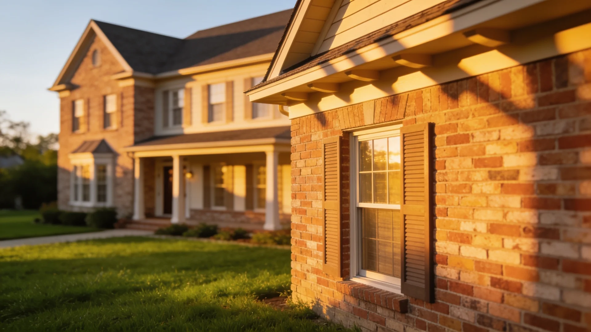 Brick veneer colonial home facade bathed in golden hour light with manicured front lawn.