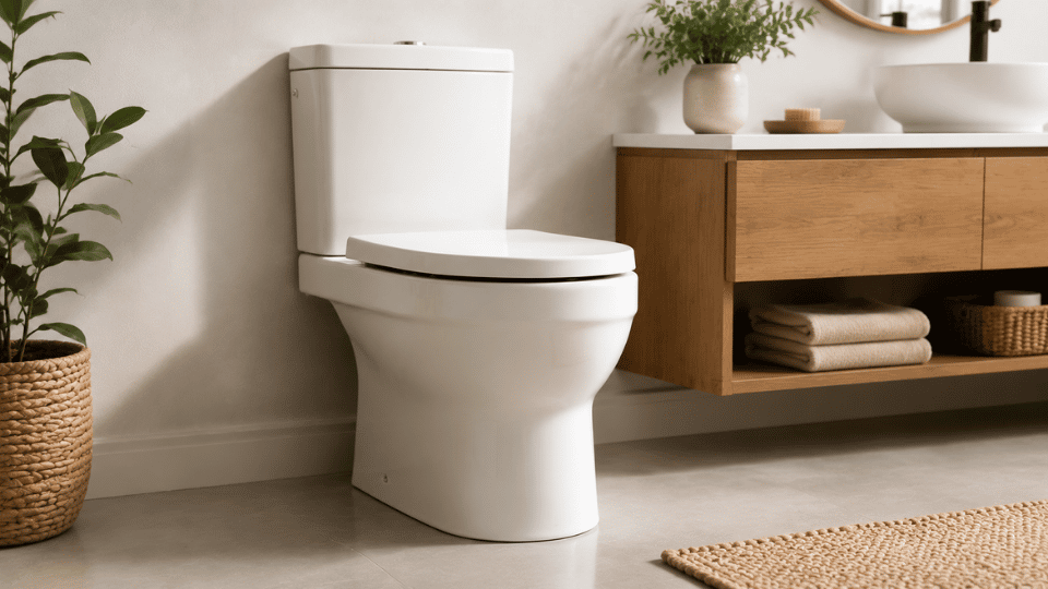 Modern bathroom featuring a white chair-height toilet, wooden vanity, potted plant, and woven rug.