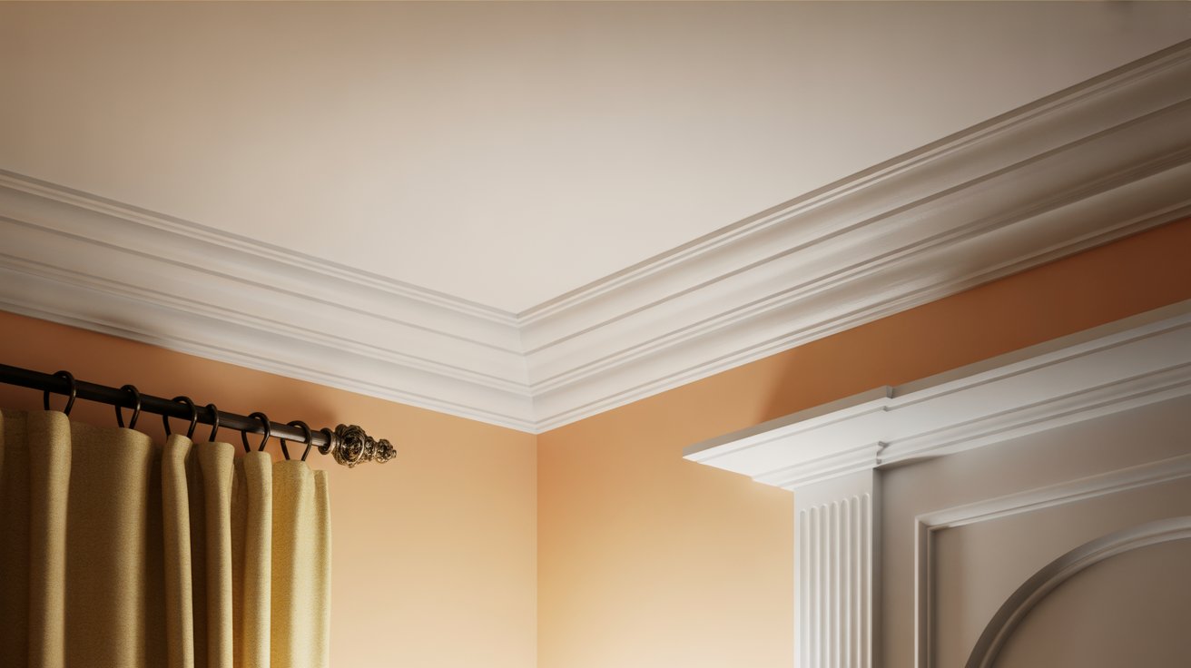 Elegant white multi-tiered crown molding installed along the ceiling line of a beige or light tan room.