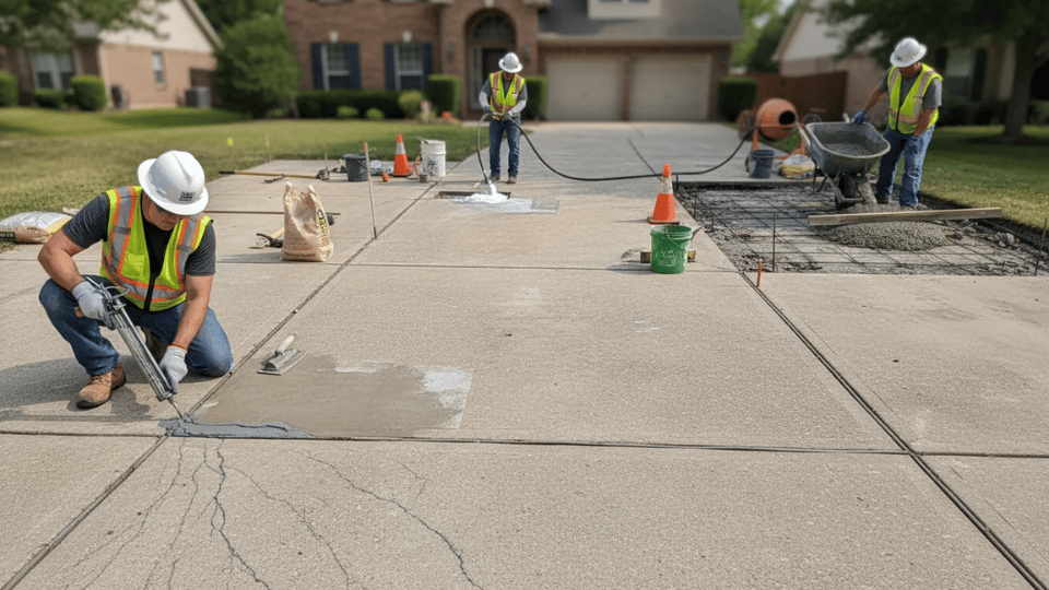 Multiple workers repairing a concrete driveway with crack filling and resurfacing work in a suburban neighborhood under daylight.