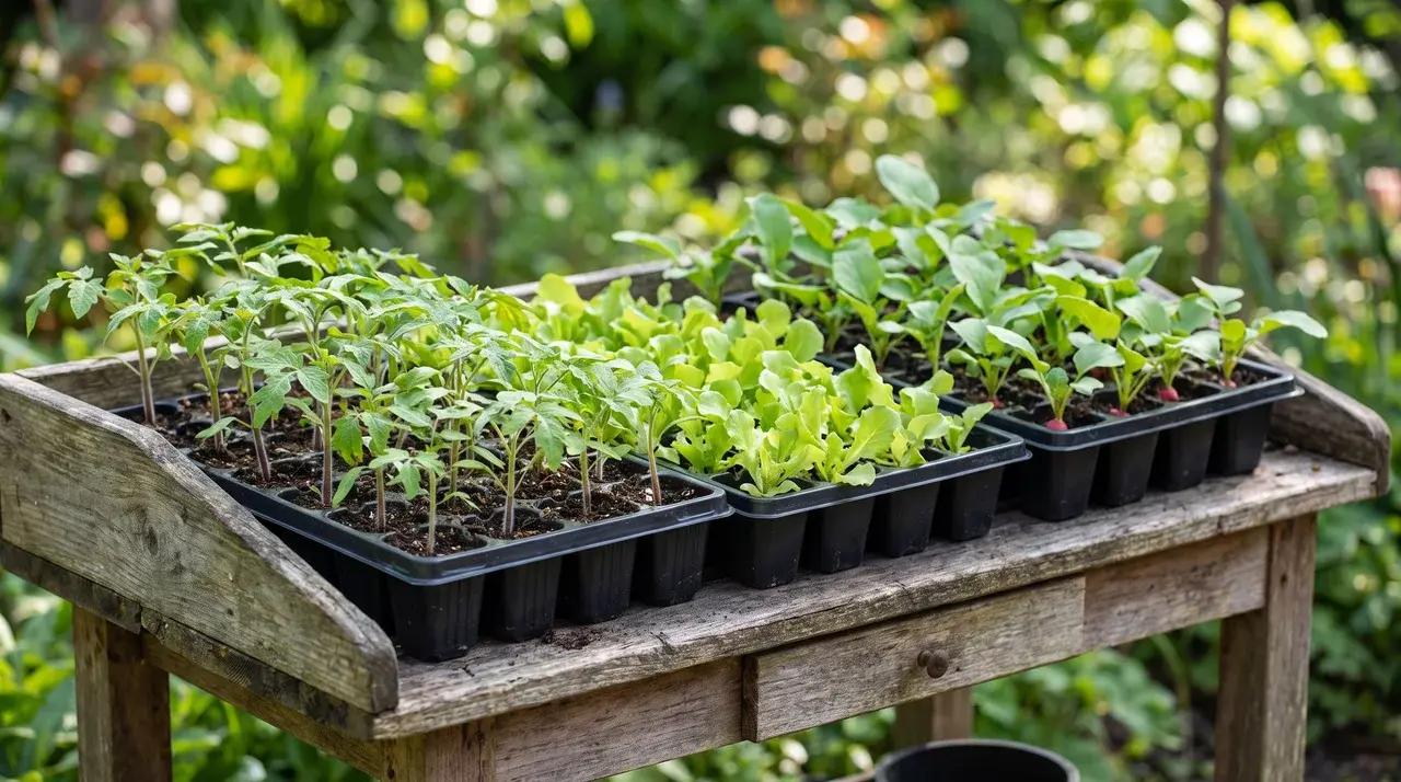 Vegetable seedling trays with tomato, lettuce, and radish plants ready to start a garden.