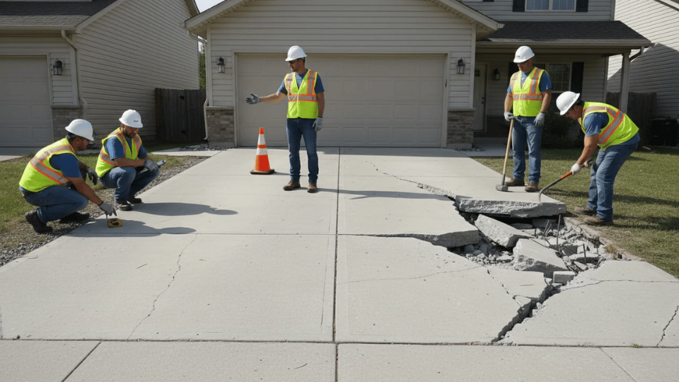 Workers repairing a broken concrete driveway with slab removal and resurfacing in a suburban neighborhood under daylight.