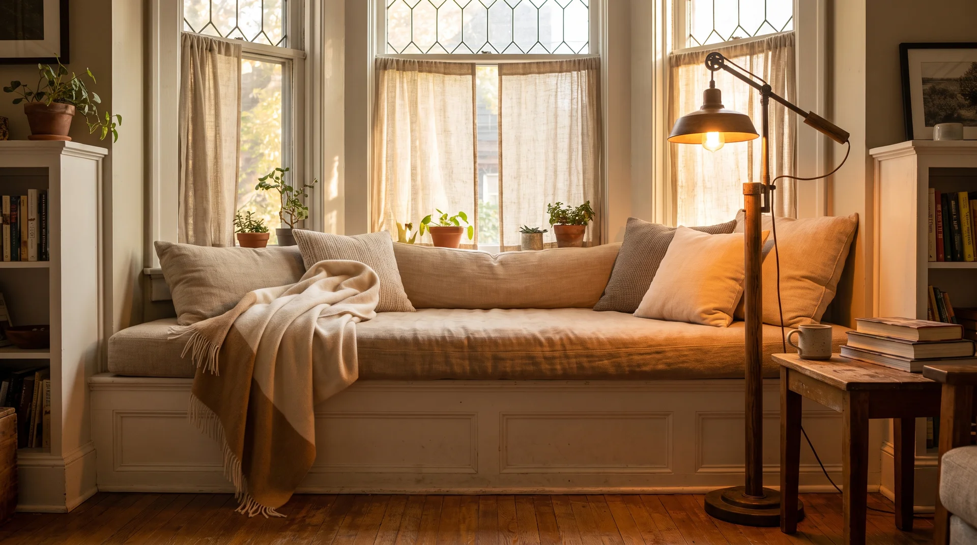 Upholstered window seat in oat linen with cashmere throw and warm floor lamp in afternoon light.