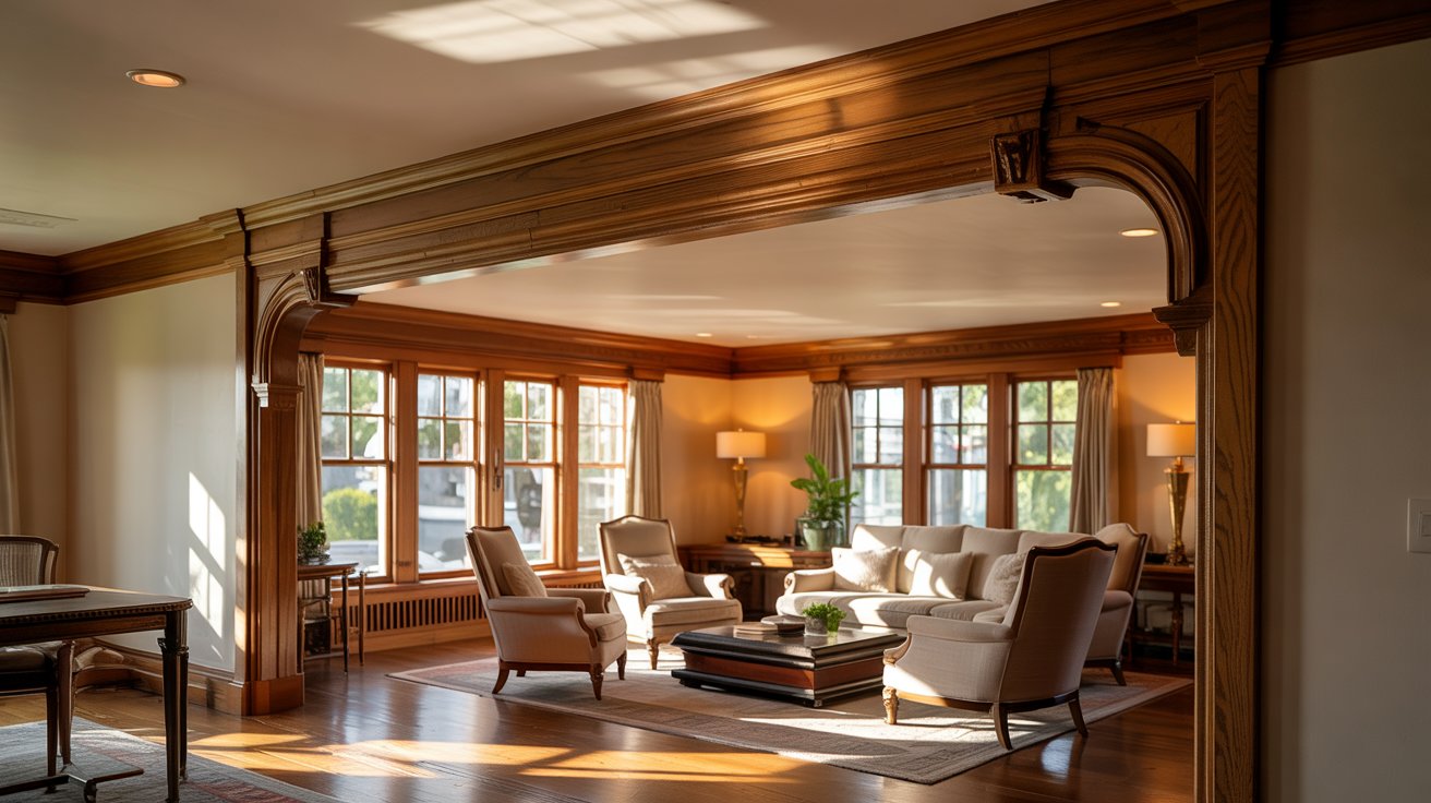 Wooden crown molding with rich natural grain and traditional detailing in a warm, classic living room interior